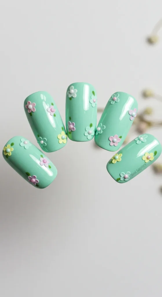 Mint Blossom Delight nails design