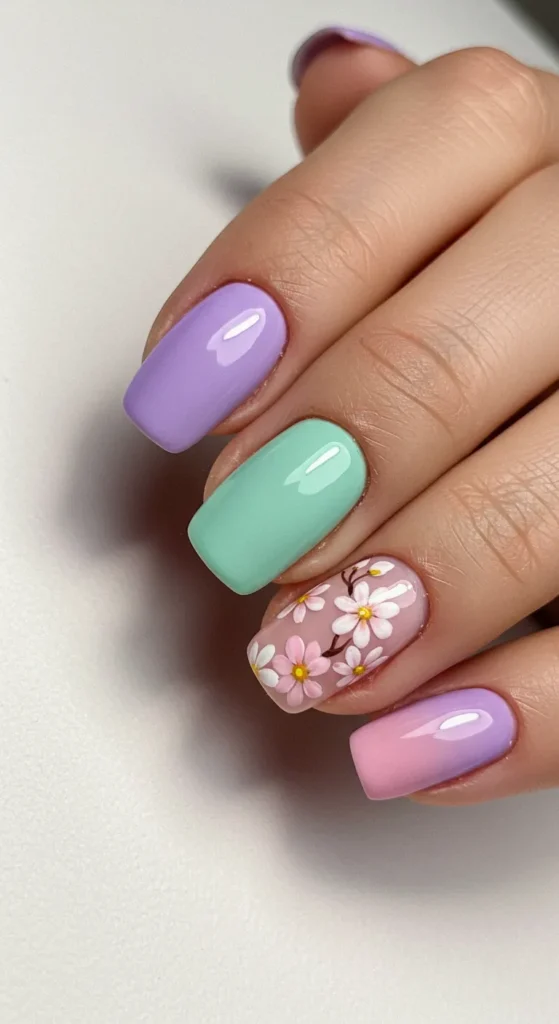 Pastel Ombré with Florals nail march design