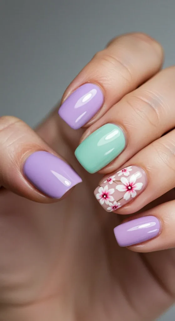 Pastel Ombré with Florals nail march design