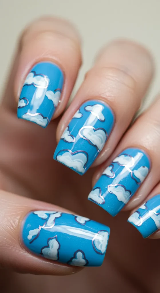 Sky Blue Cloudscape nails design