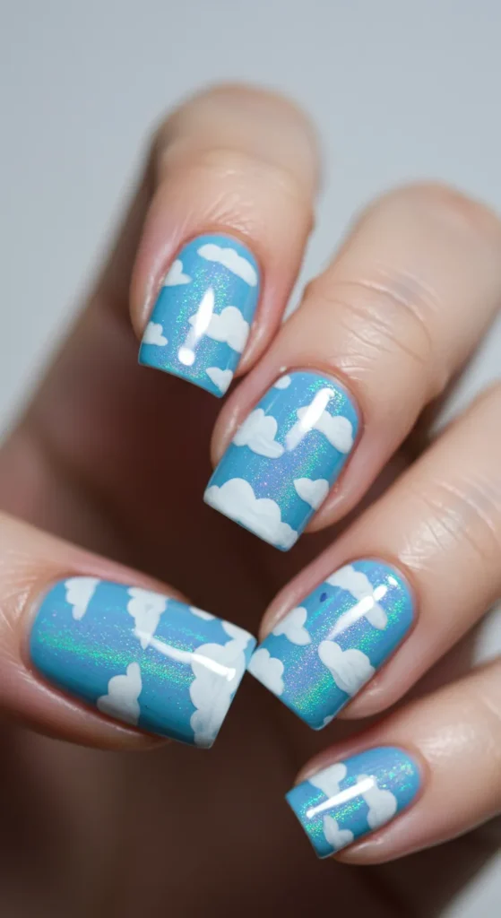 Sky Blue Cloudscape nails design