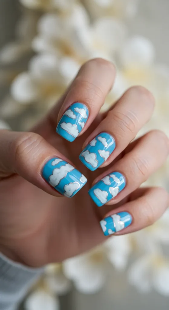 Sky Blue Cloudscape nails design