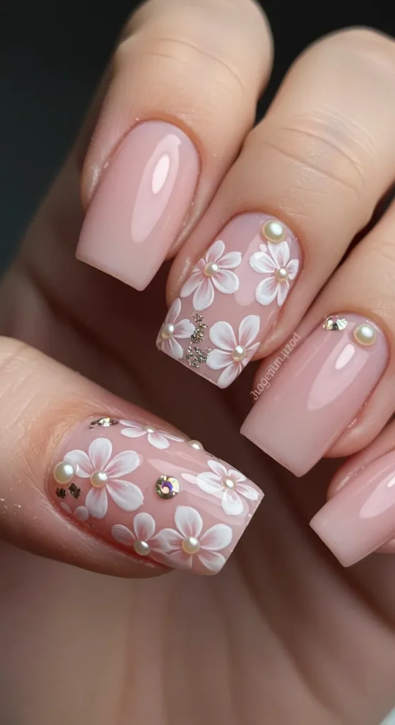 Soft Petals & Pearls nails design