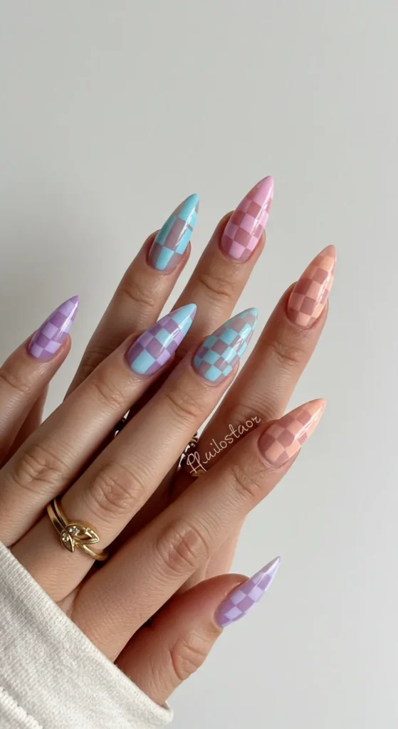 march nail inspo Pastel Checkerboard Fantasy