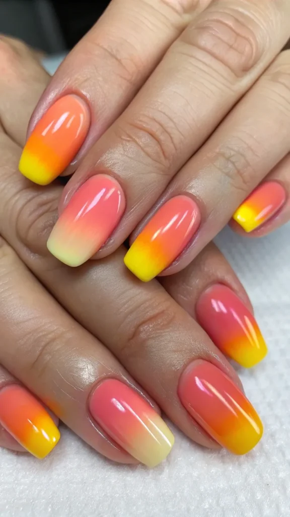 ombre-sunset-nails--blend-soft-orange--pink--and-y Ombre Sunset Nails