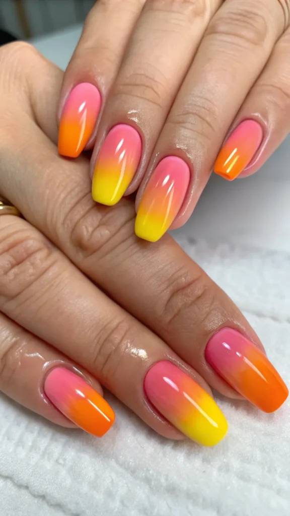 ombre-sunset-nails--blend-soft-orange--pink--and-y Ombre Sunset Nails