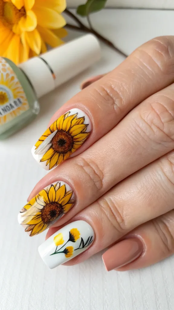 sunflower-nails--create-an-accent-nail-with-a-hand Sunshine Nail Ideas