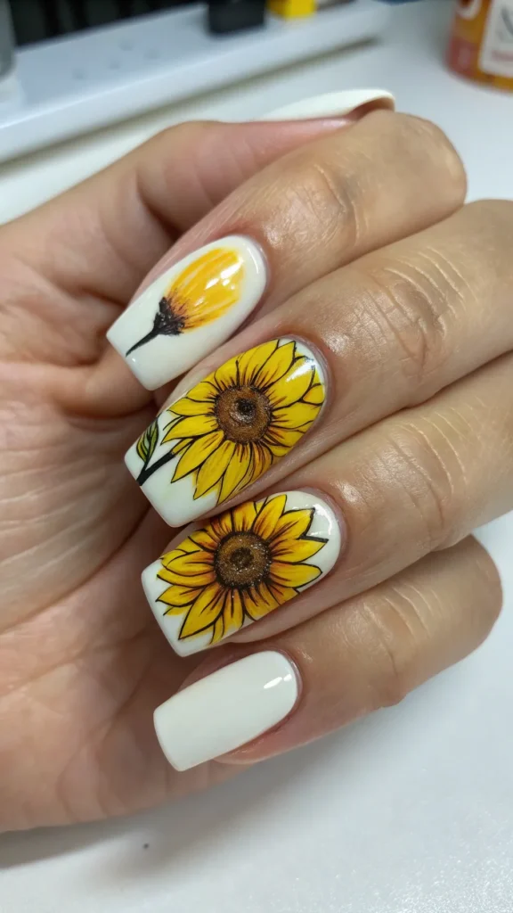 sunflower-nails--create-an-accent-nail-with-a-hand Sunshine Nail Ideas