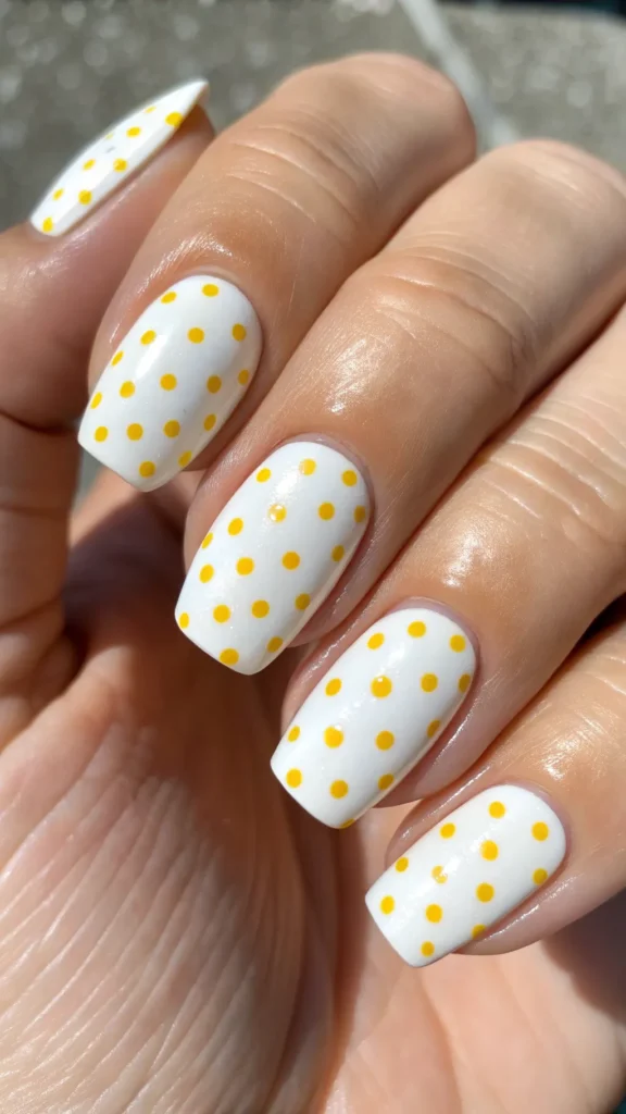 yellow-polka-dots--paint-your-nails-white-and-add- Yellow Polka Dots Paint your nails white and add tiny yellow dots for a fun and sunny polka-dot pattern Sunshine Nail Ideas