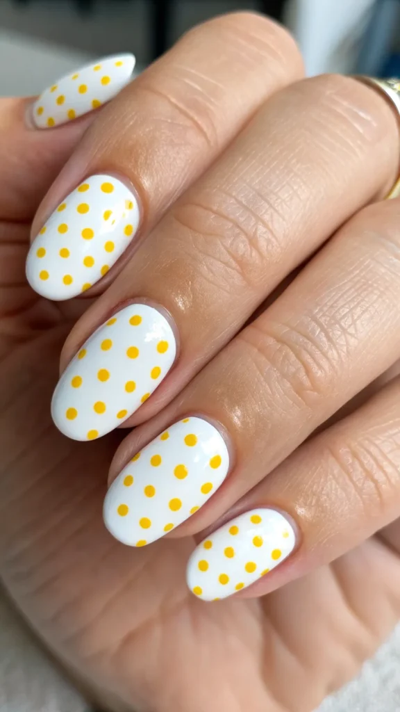 yellow-polka-dots--paint-your-nails-white-and-add- Yellow Polka Dots Paint your nails white and add tiny yellow dots for a fun and sunny polka-dot pattern Sunshine Nail Ideas